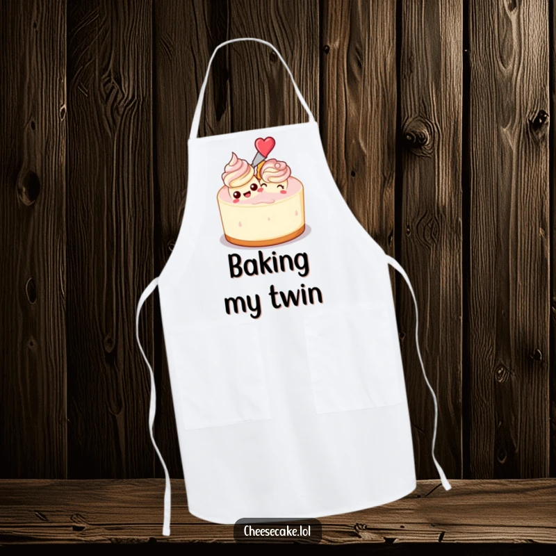 Funny apron depicting a cheesecake frosting another cheesecake, perfect for bakers who enjoy humorous kitchen attire.