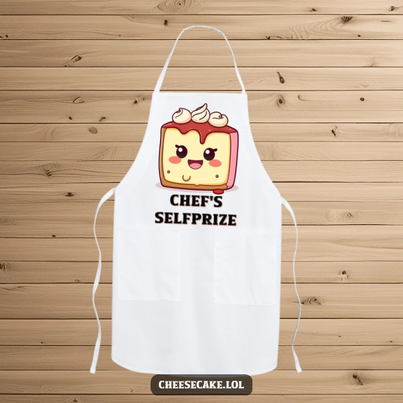 Funny cheesecake apron showing a smiling character biting itself, perfect for humorous cooking and baking sessions.