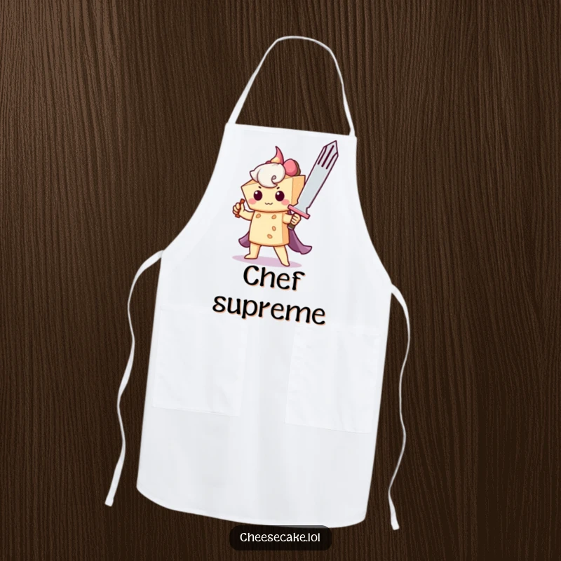 Funny apron depicting a brave cheesecake wielding a giant fork as a sword, perfect for a cook who enjoys humorous kitchen attire.