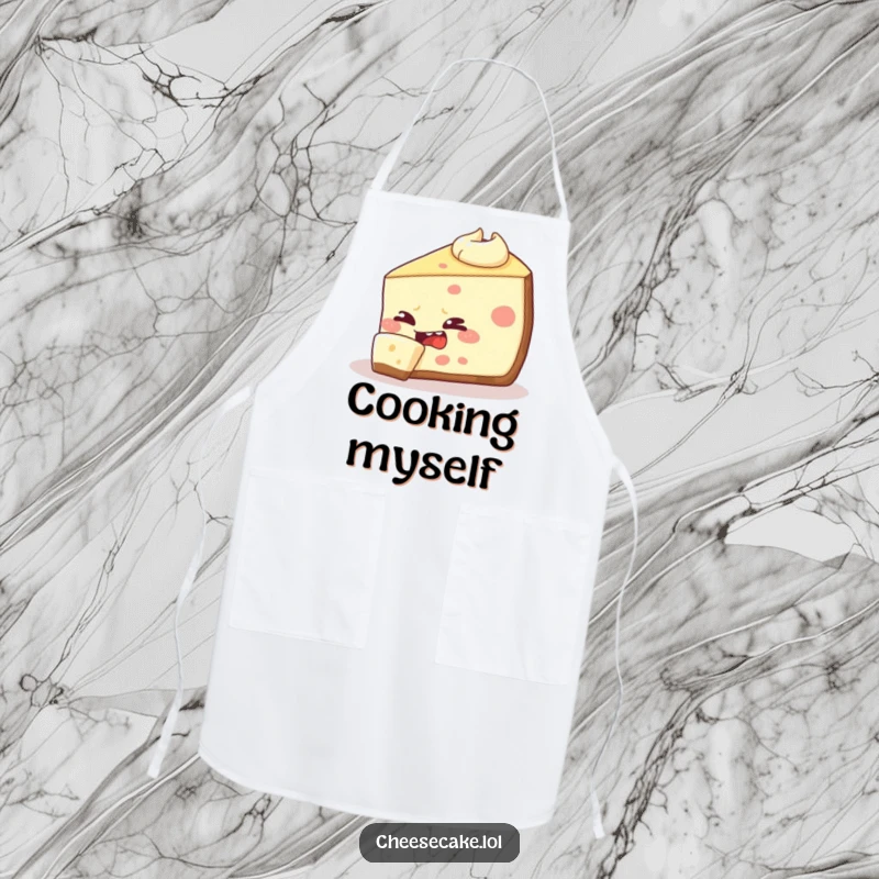 Funny cheesecake slice apron graphic, showing a mischievous dessert attempting to bite itself, ready for humorous kitchen adventures.