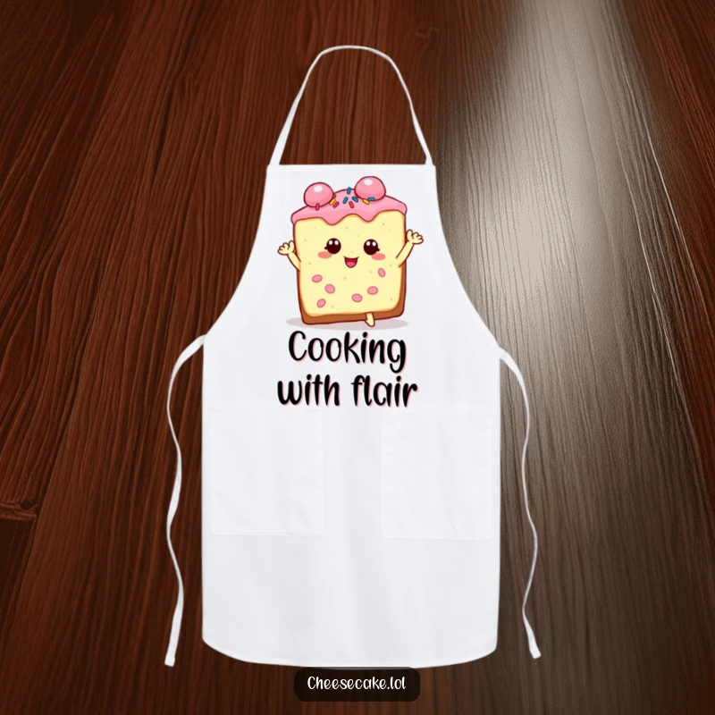 Funny cheesecake slice apron graphic, charming and sprinkled, striking a dramatic pose, ready for kitchen spotlight.