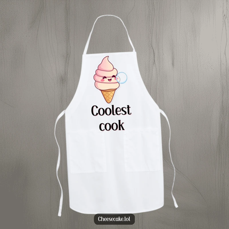 Funny kitchen apron with a smiling ice cream swirl in a cone blowing a bubble, perfect for adding humor to summer cooking.