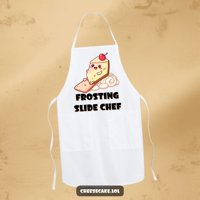 Funny Apron with a happy cheesecake character with legs sliding down a frosting slide, ideal for joyful baking.