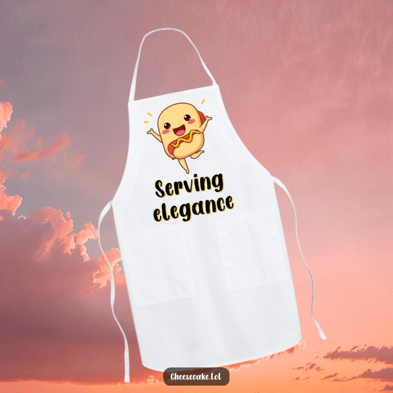 Funny hot dog apron showing a proud hot dog in a ballet pose with zigzag mustard, ready to cook.