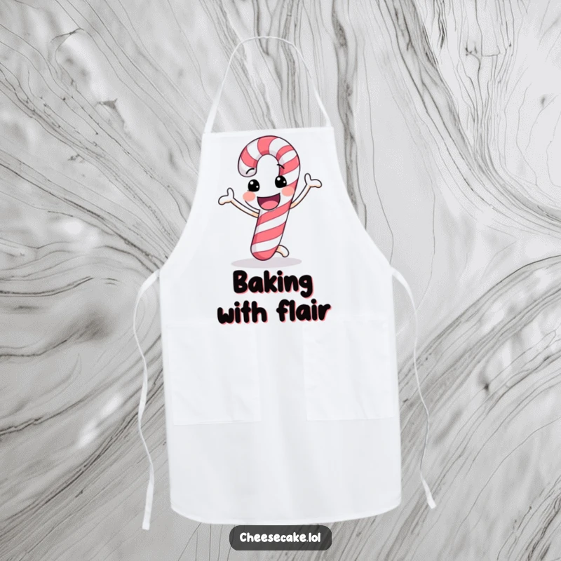 Funny apron with a cheerful candy cane doing a funny dance, perfect for festive kitchen fun.