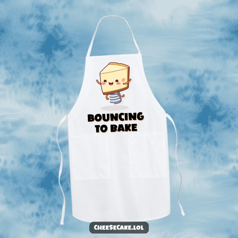 Funny apron showing a smiling slice of cheesecake with little legs bouncing on a spring, perfect for the fun-loving baker.