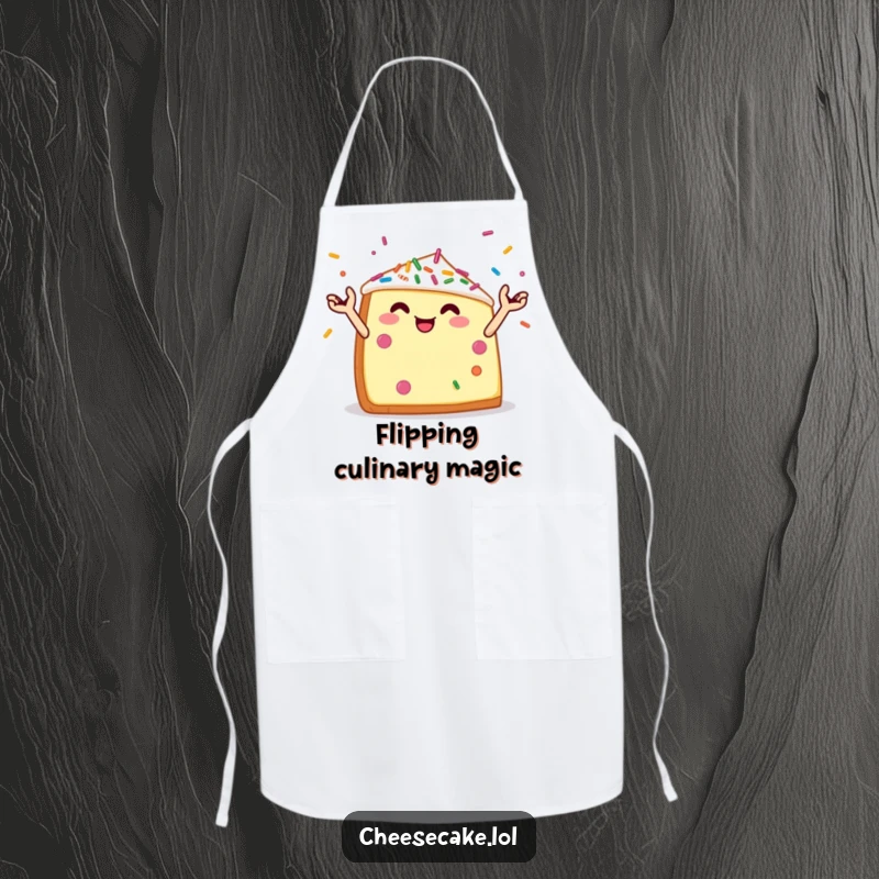 Funny apron showing a cheerful cheesecake wedge with tiny arms juggling colorful sprinkles, ideal for the creative baker.