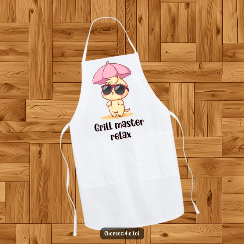 Funny cheesecake apron showing a cheesecake character with sunglasses and a beach umbrella, perfect for a summer cookout.