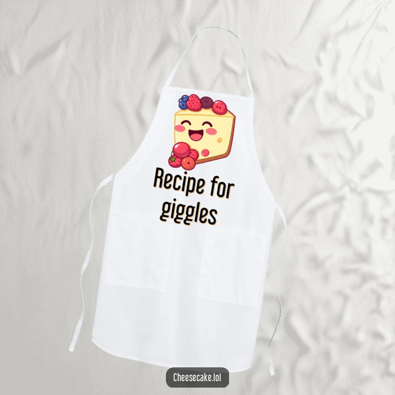 Funny cheesecake apron showing a giggling cheesecake slice stuffed with berries, ready to cook. Kitchen humor.