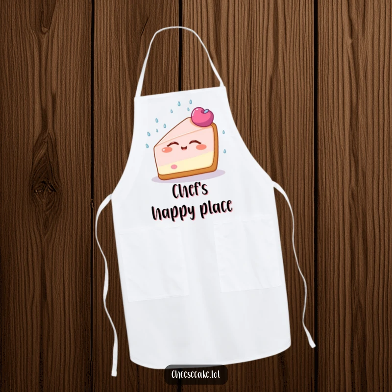 Funny Cheesecake Bliss Apron showcasing a cheesecake slice blissfully enjoying a sprinkle shower, perfect for a calm and happy cooking experience.