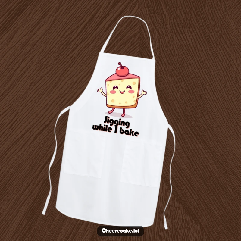 Funny Apron showing a smiling cheesecake slice with a cherry doing a jig, perfect for festive baking and kitchen fun.