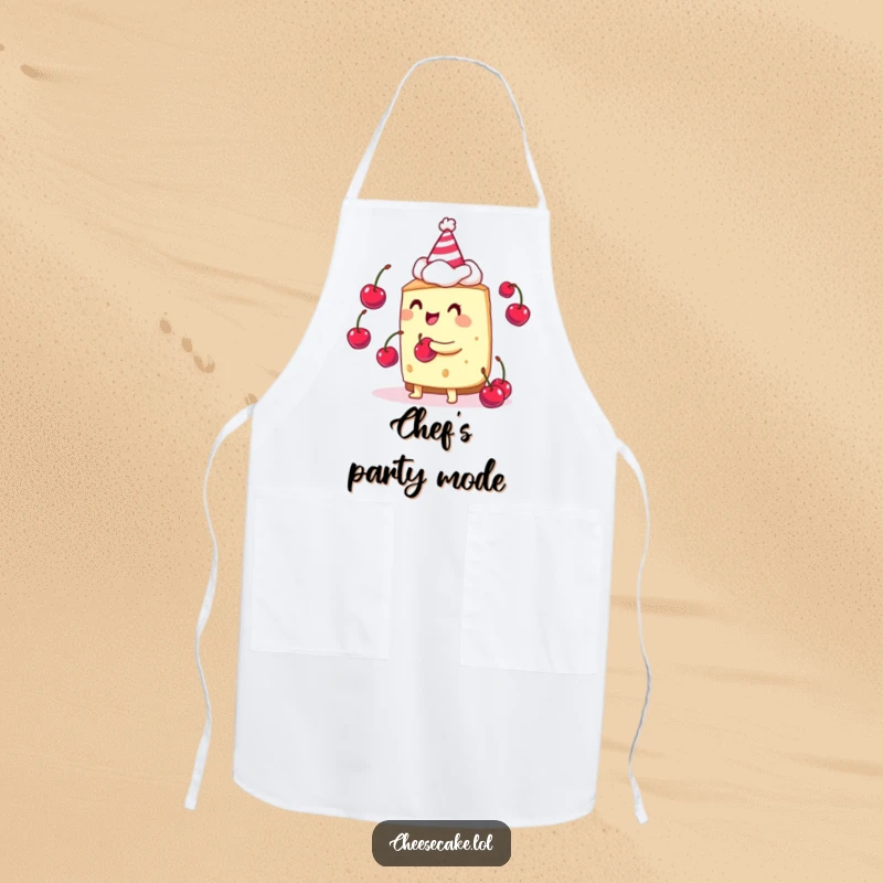 Funny cheesecake juggler apron featuring a cheesecake in a party hat, juggling cherries while cooking.