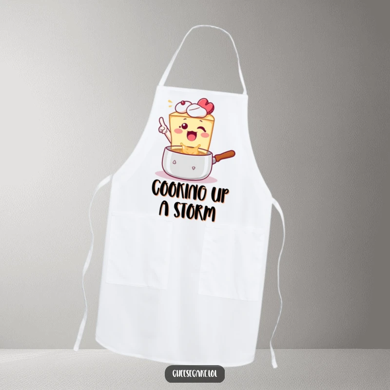 Funny Apron: A cheesecake excitedly points at a bubbling pot, ready for culinary adventures and laughs.