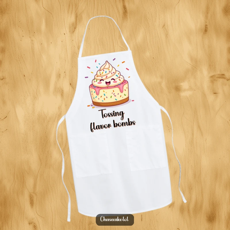 Funny Apron: A cheerful cheesecake juggles a shower of colorful sprinkles, a fun and practical kitchen accessory.