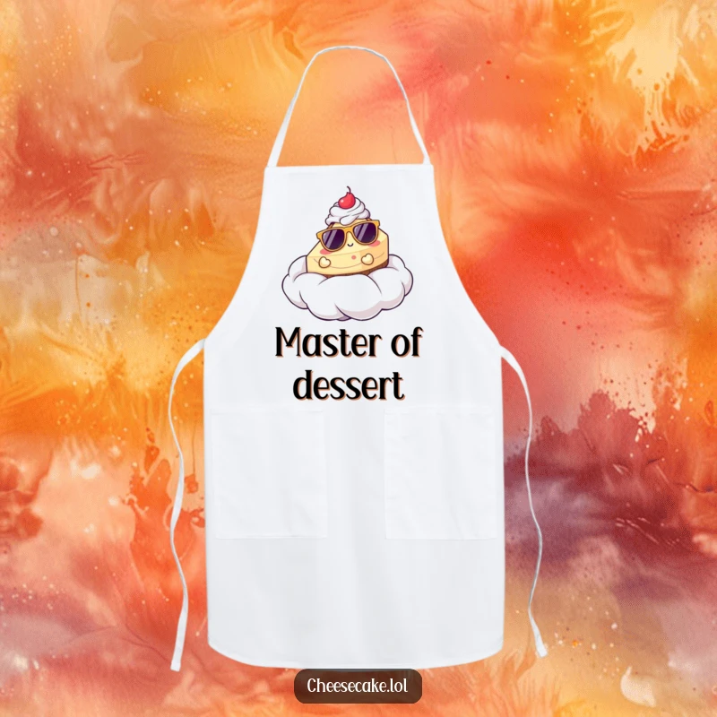 Funny apron for bakers, showing a cheesecake in sunglasses lounging on a whipped cream cloud, blending culinary fun with relaxation.