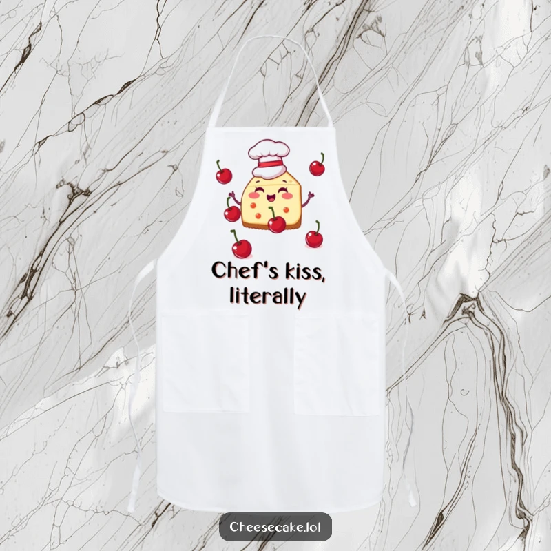 Funny apron featuring a cheesecake slice in a chef hat juggling cherries, perfect for adding a fun and skillful touch to baking.