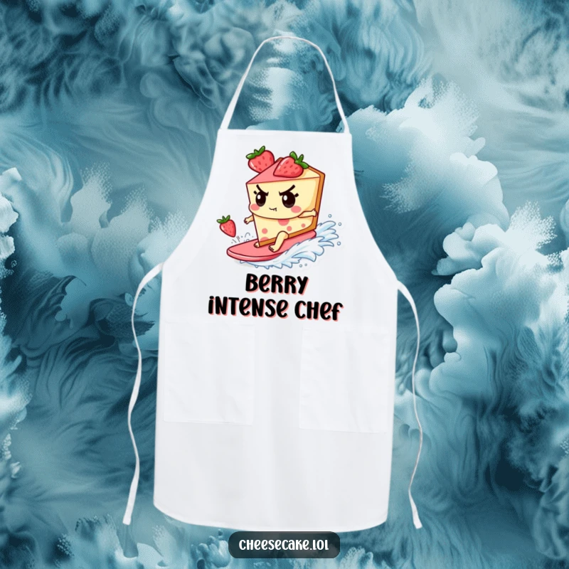 Funny Apron with a determined cheesecake character surfing a luscious strawberry wave, ideal for adventurous cooking.