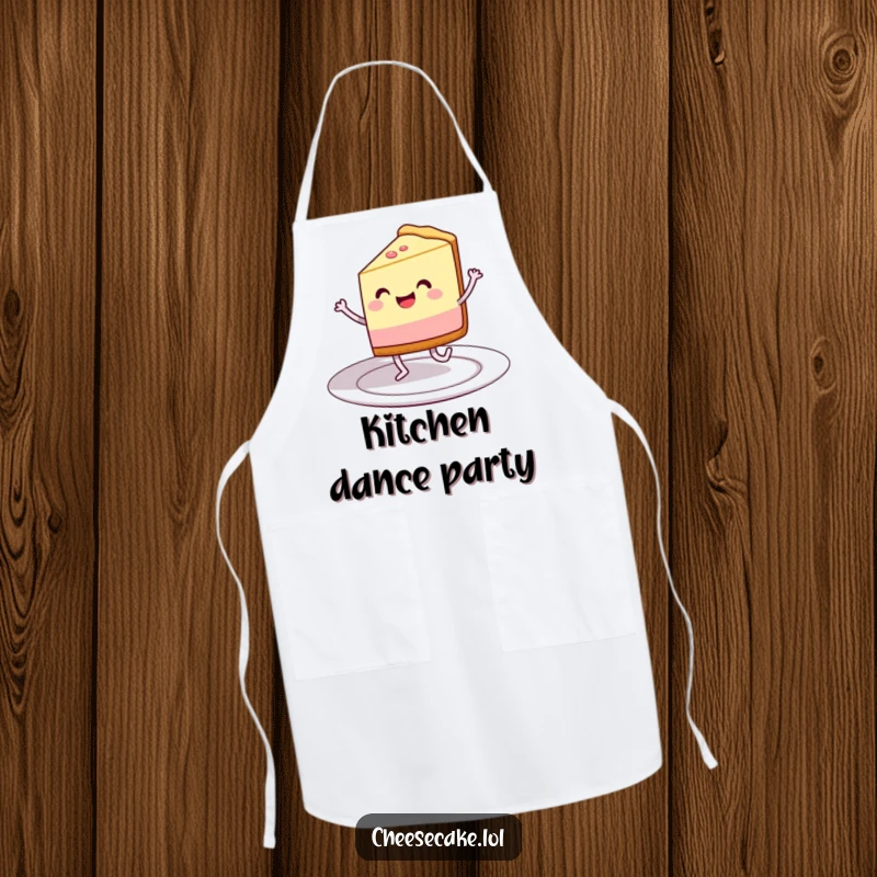 Funny apron with a grinning cheesecake slice dancing on a plate, perfect for cooks and bakers who love fun.
