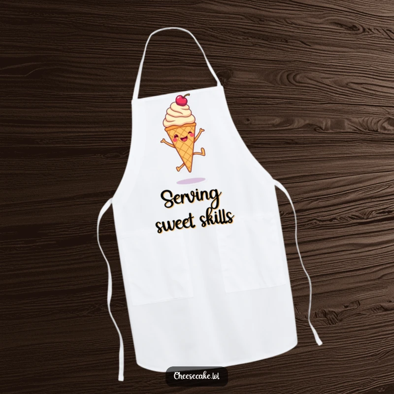 Funny apron with a smiling ice cream cone doing a cartwheel, ideal for sweet kitchen fun and protection.