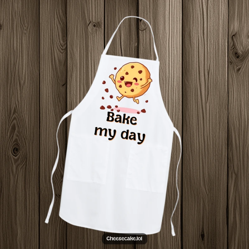 Funny kitchen apron with a cheerful cookie jumping and scattering chocolate chips, perfect for adding humor to baking.