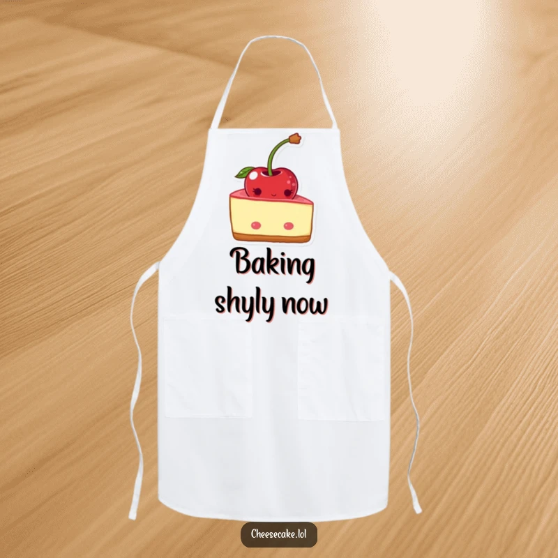 Funny shy cheesecake apron with a blushing wedge hiding behind a cherry. Kitchen apparel.