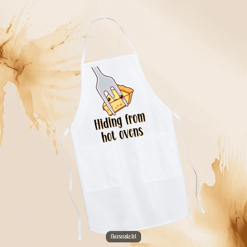 Funny shy pie slice peeking out from behind a large fork, a humorous and practical apron for bakers who love pies.
