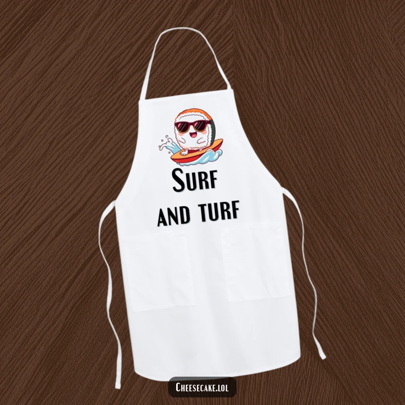 Funny sushi apron showing a happy sushi character in sunglasses riding a wave, ready to cook.