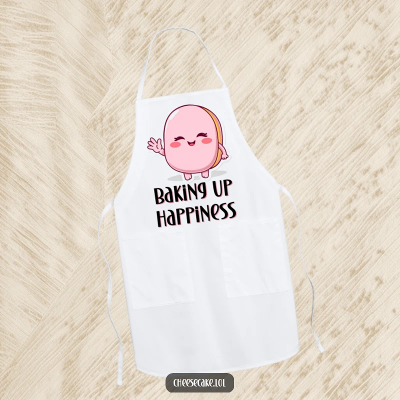 Funny Winking Macaroon Apron: A cute macaroon character winking and waving, protecting clothes with sweet culinary cheer.