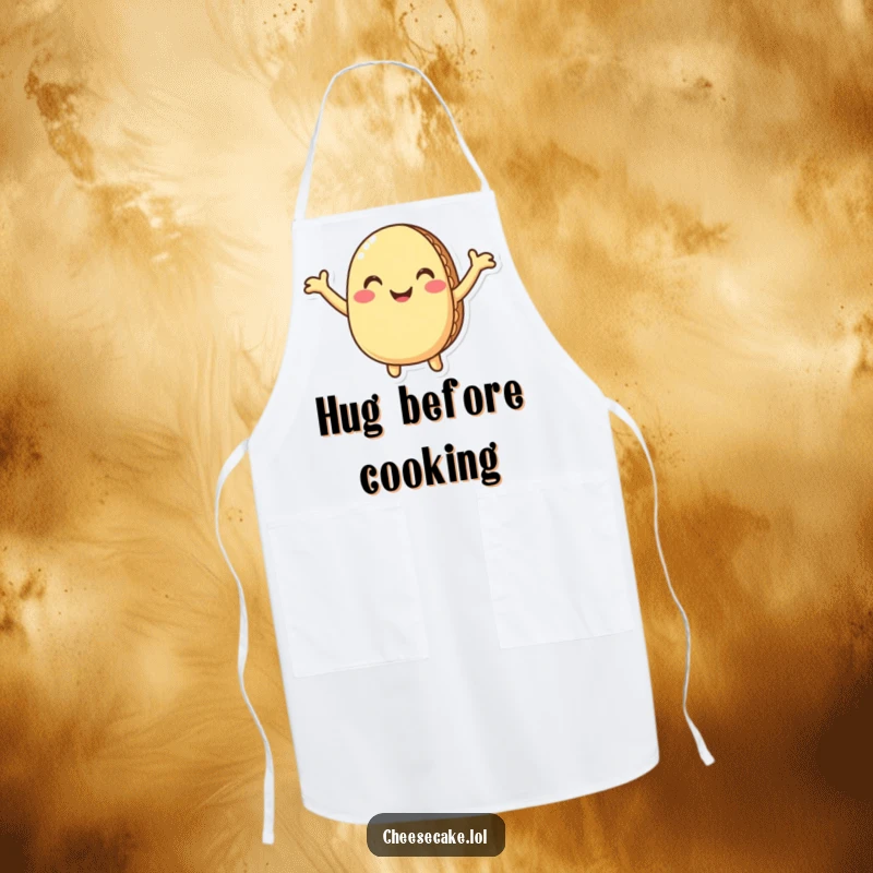 Funny macaron apron showcasing a cheerful macaron character with arms outstretched, ready to offer a humorous and sweet hug while cooking.