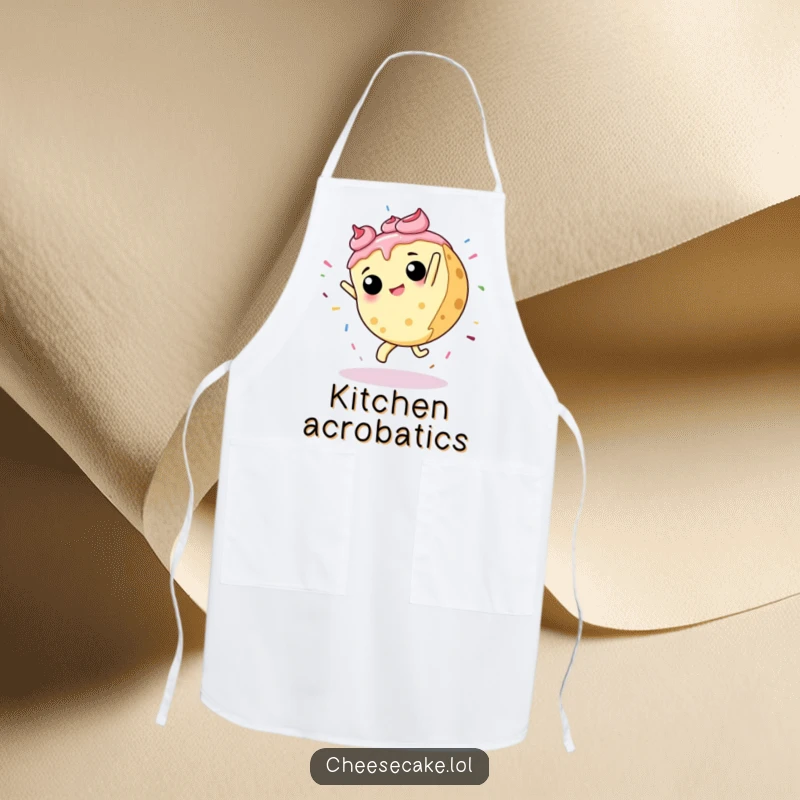 Funny apron showcasing a cheesecake doing a cartwheel, with a shower of sprinkles, perfect for a baker who loves fun.