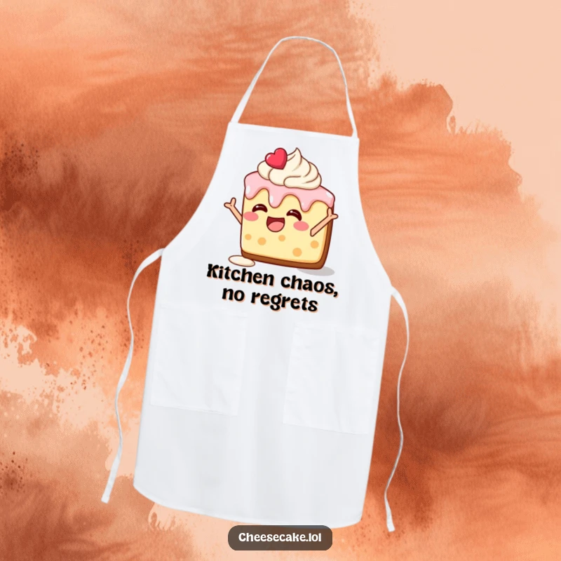 Funny apron with a delighted cheesecake slice, frosting melting, striking a silly pose, perfect for cooks.