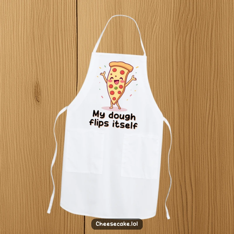 Funny pizza slice doing a handstand with confetti, a humorous and practical apron for chefs who love pizza.
