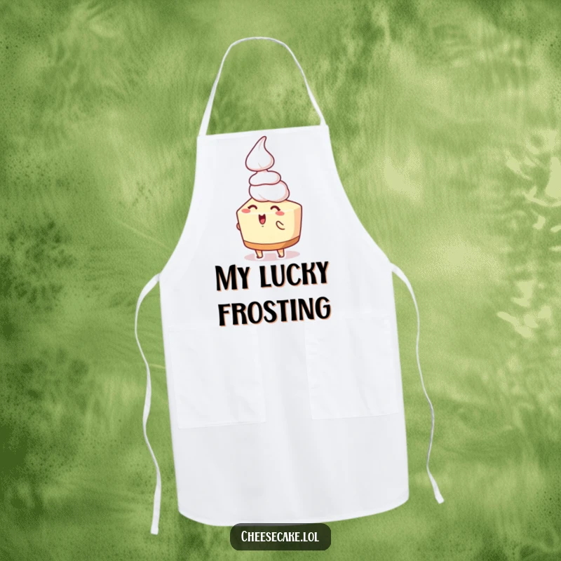 Funny cheesecake apron showing an excited cheesecake character getting a dollop of whipped cream, ideal for a joyful baker.