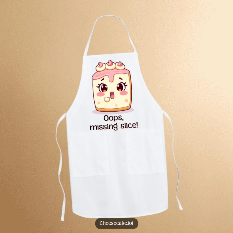 Funny cheesecake apron showing a surprised dessert character with a bite missing, ideal for cooking and baking.