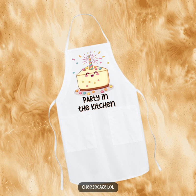 Funny Cheesecake Party Apron showcasing a cheesecake slice with a party popper and candy shower, perfect for a fun and festive cooking experience.