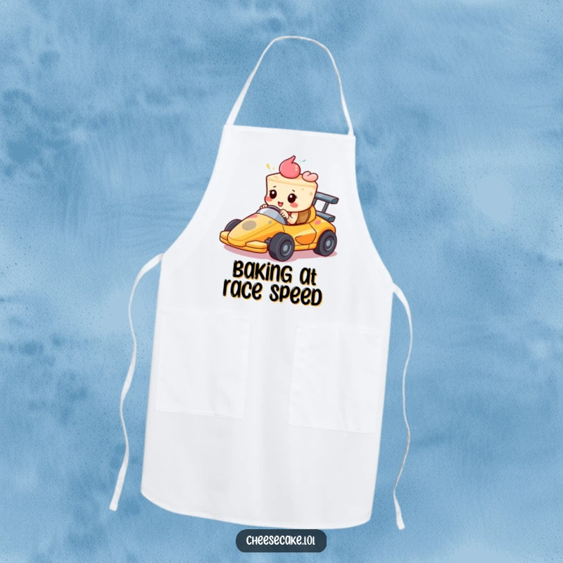 Funny Apron: A cheesecake in a race car speeds forward with determination. Fun kitchen wear for dessert and racing fans.