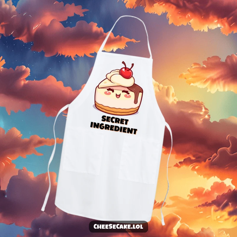 Funny cheesecake with a cherry on top giving a wink on a cooking apron, a perfect funny gift.