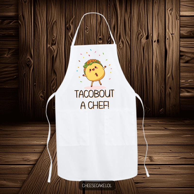 Funny Apron showing a taco doing a cartwheel with confetti, perfect for festive cooking and kitchen fun.