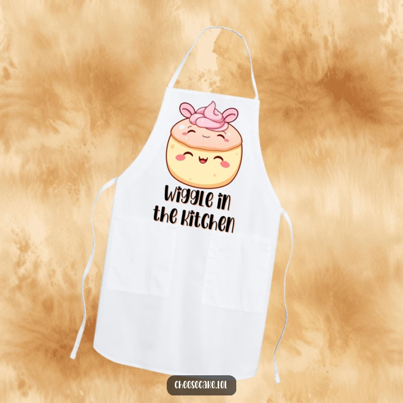 Funny cake apron with a round cake featuring frosting that’s happily wiggling its ears, perfect for a joyful and humorous cooking experience.