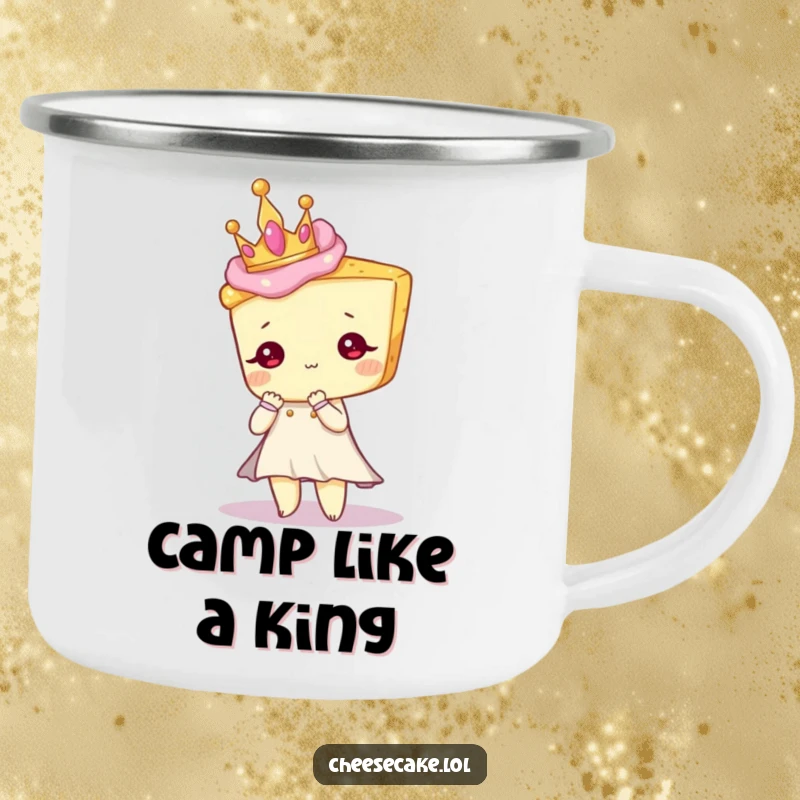 Funny camping mug with a cheesecake character wearing a crown, posing elegantly for outdoor enjoyment.
