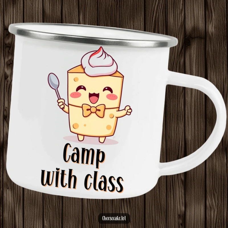 Funny camping mug with a cheesecake character in a bow tie, excitedly holding a tiny spoon outdoors.