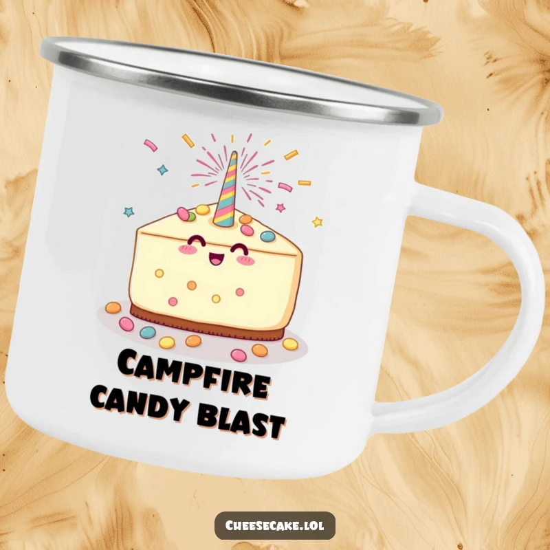 Funny Cheesecake Party Camping Mug featuring a cheesecake slice celebrating with a party popper and candy shower, ideal for festive outdoor enjoyment.