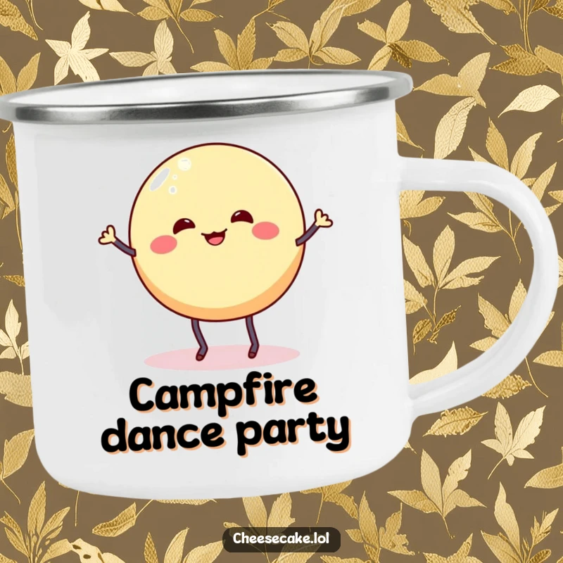 Funny camping mug showing a wobbly cheesecake round with stick legs doing a silly dance jig, ready for outdoor fun.
