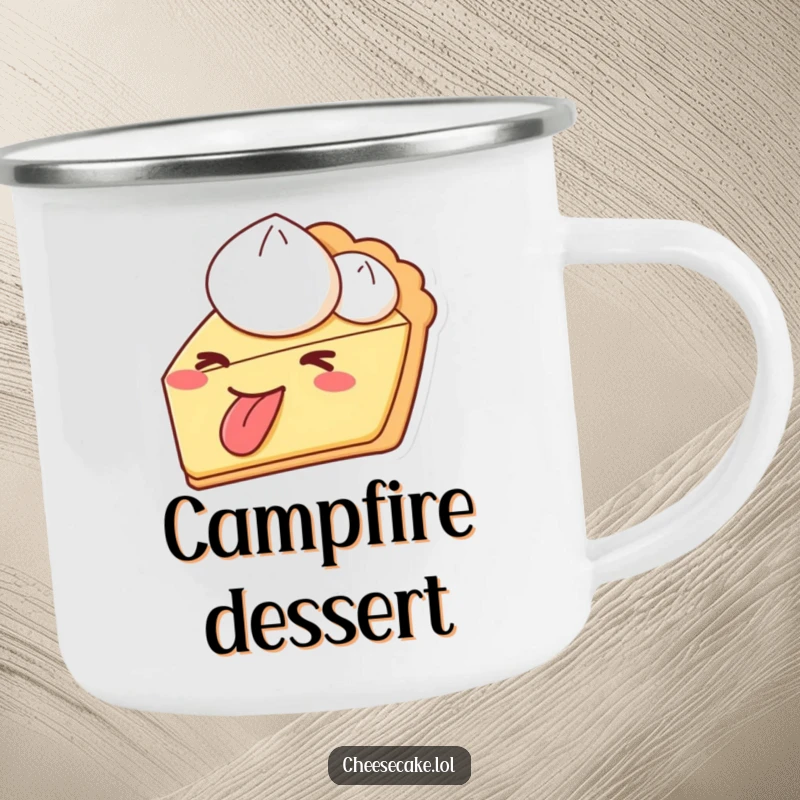 Funny pie wink tongue out camping mug, designed for outdoor enjoyment with a humorous, cheeky dessert theme.
