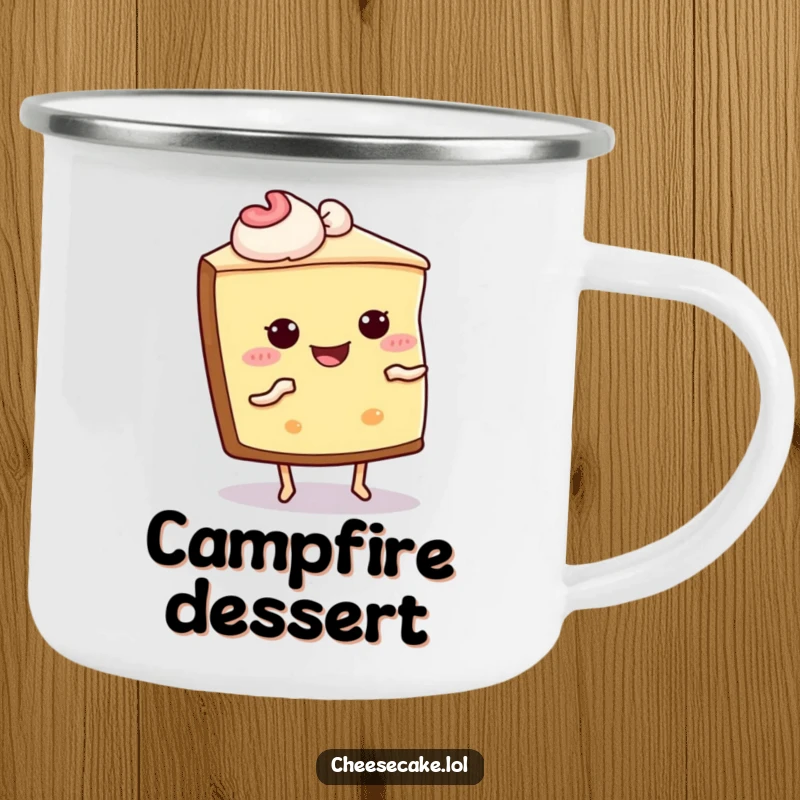 Funny Cheesecake Shimmy Camp Mug: A mug showing a cheesecake slice with legs performing a joyful shimmy dance.