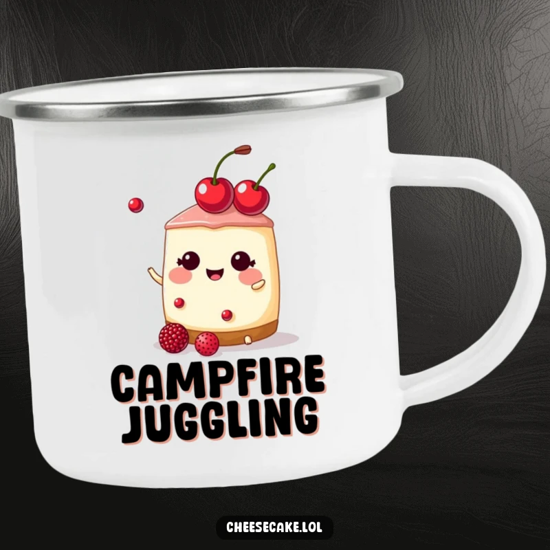 Funny cheesecake with a cherry tiara, juggling berries on a sturdy camping mug, a wonderful funny gift.