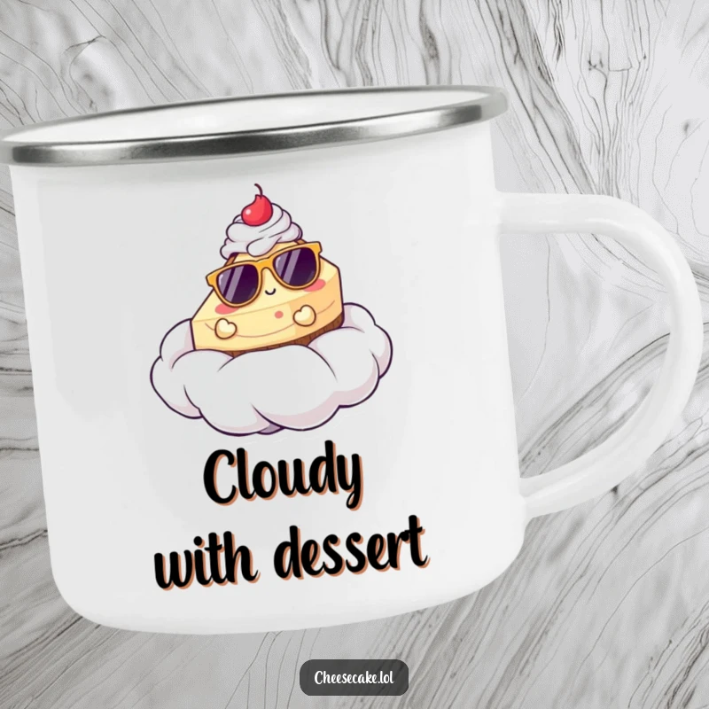 Funny camping mug showing a cheesecake in sunglasses relaxing on a whipped cream cloud, perfect for outdoor beverage enjoyment.