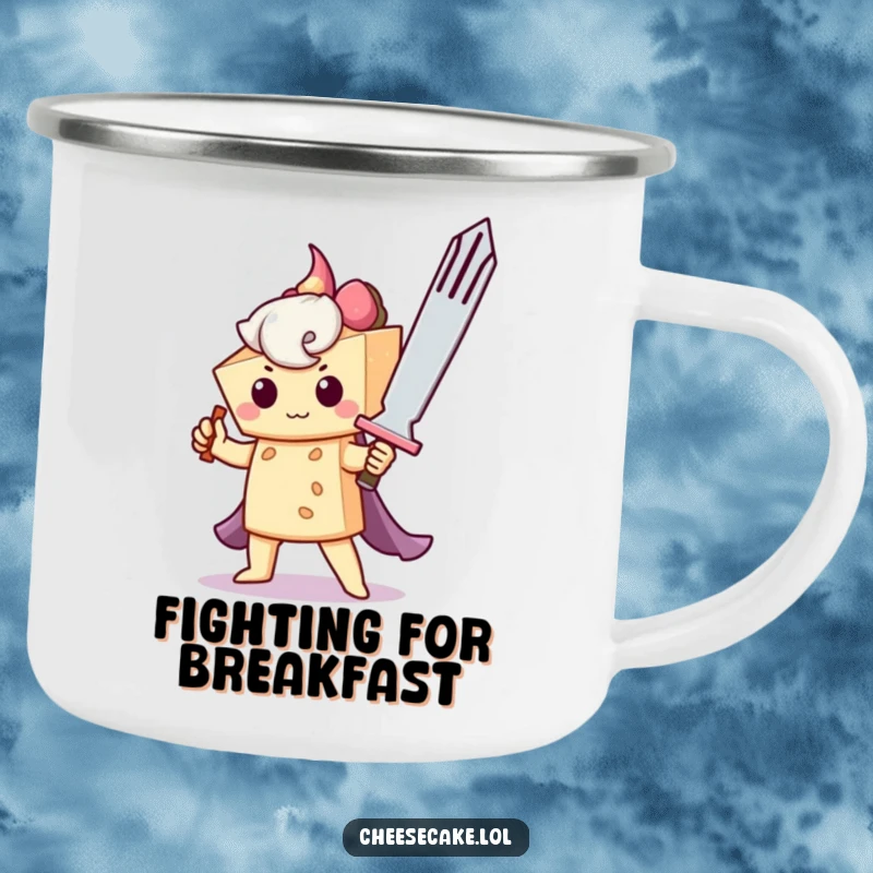 Funny camping mug showing a brave cheesecake with a fork sword, perfect for enjoying beverages during heroic outdoor activities.