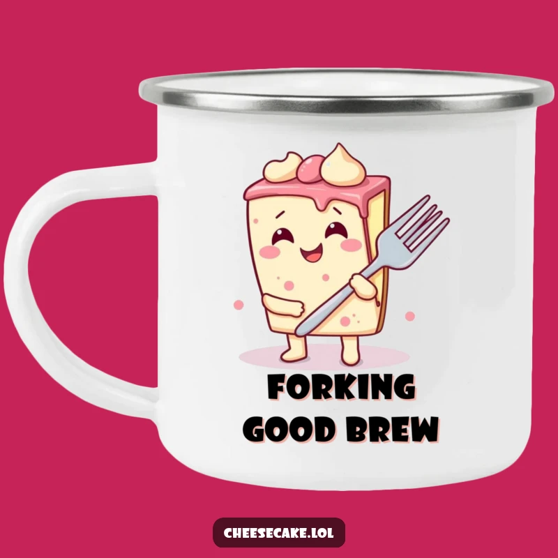 Funny Wobbly Cheesecake Camping Mug: Trail Giggles with Giant Fork, Outdoor Fun!