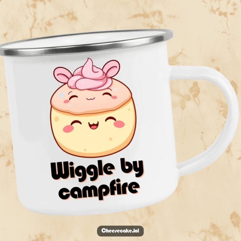 Funny cake camping mug featuring a round cake with frosting joyfully wiggling its ears, perfect for hot beverages outdoors with humor.